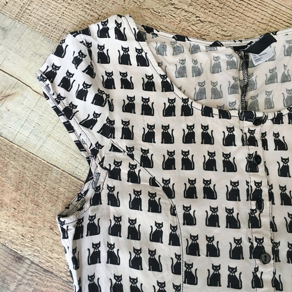Black Cat Print Mini Dress - Bowtie Tuxedo Kitty